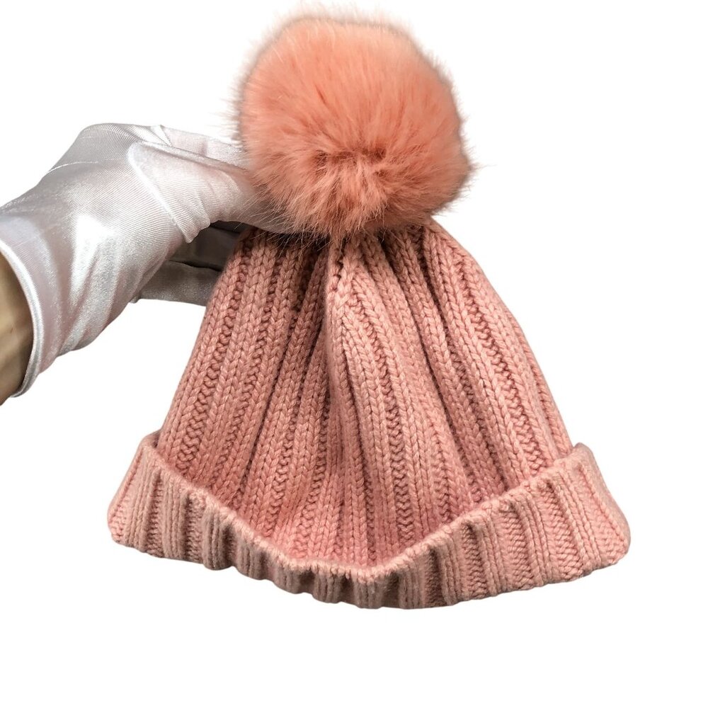 J. Crew Ribbed Beanie Hat Pink Womens Pom Pom Wool Cashmere Knit Winter